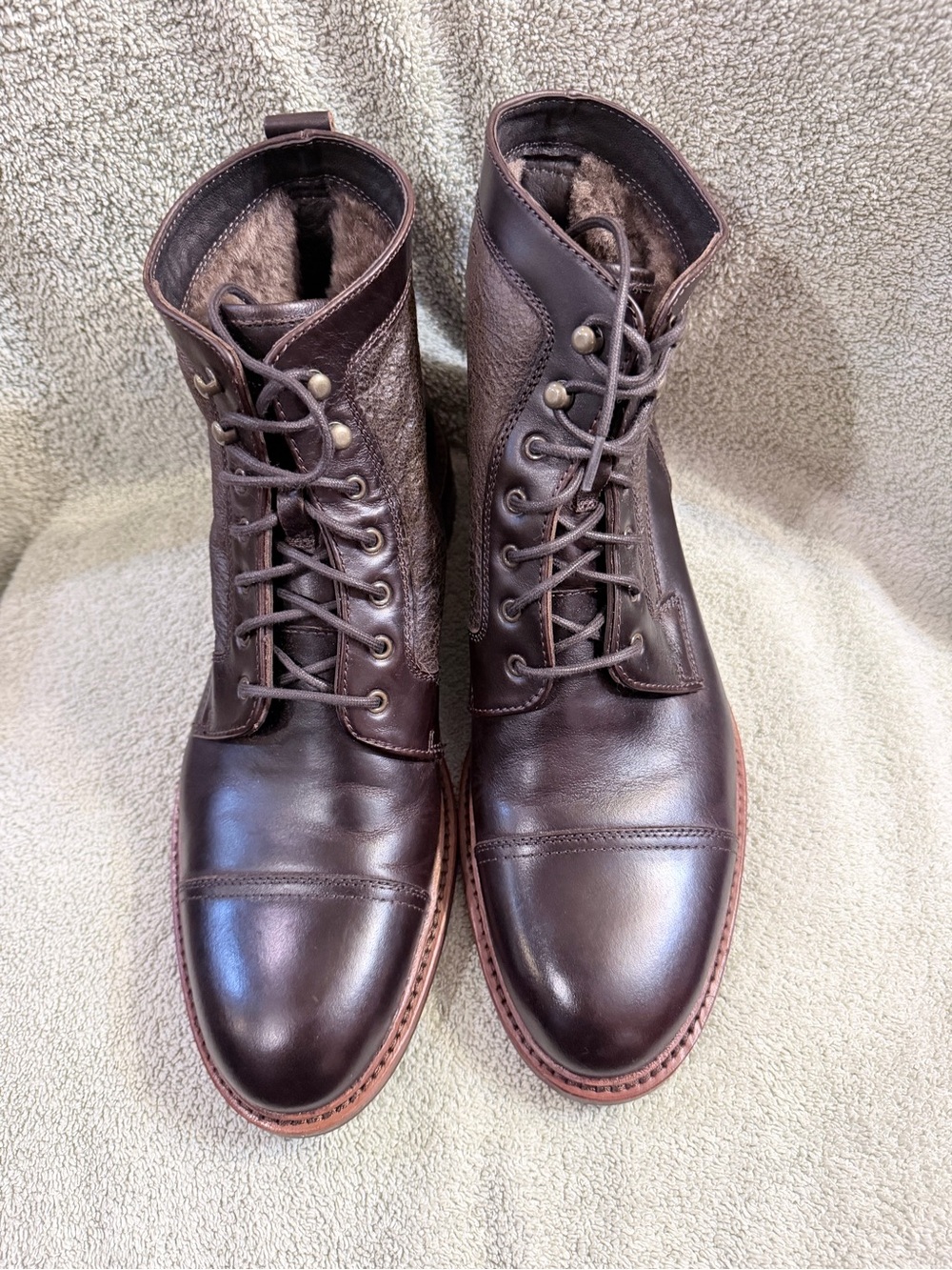 H.S. Trask Lowell Dark Brown American Steer/Shearling Lace-Up Cap Toe Boots
